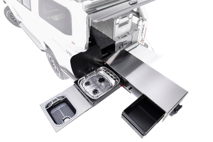 ARB Slide Kitchen 1355mm Incl. Stove, Bench, Sink & Drawer, 133x500x310mm