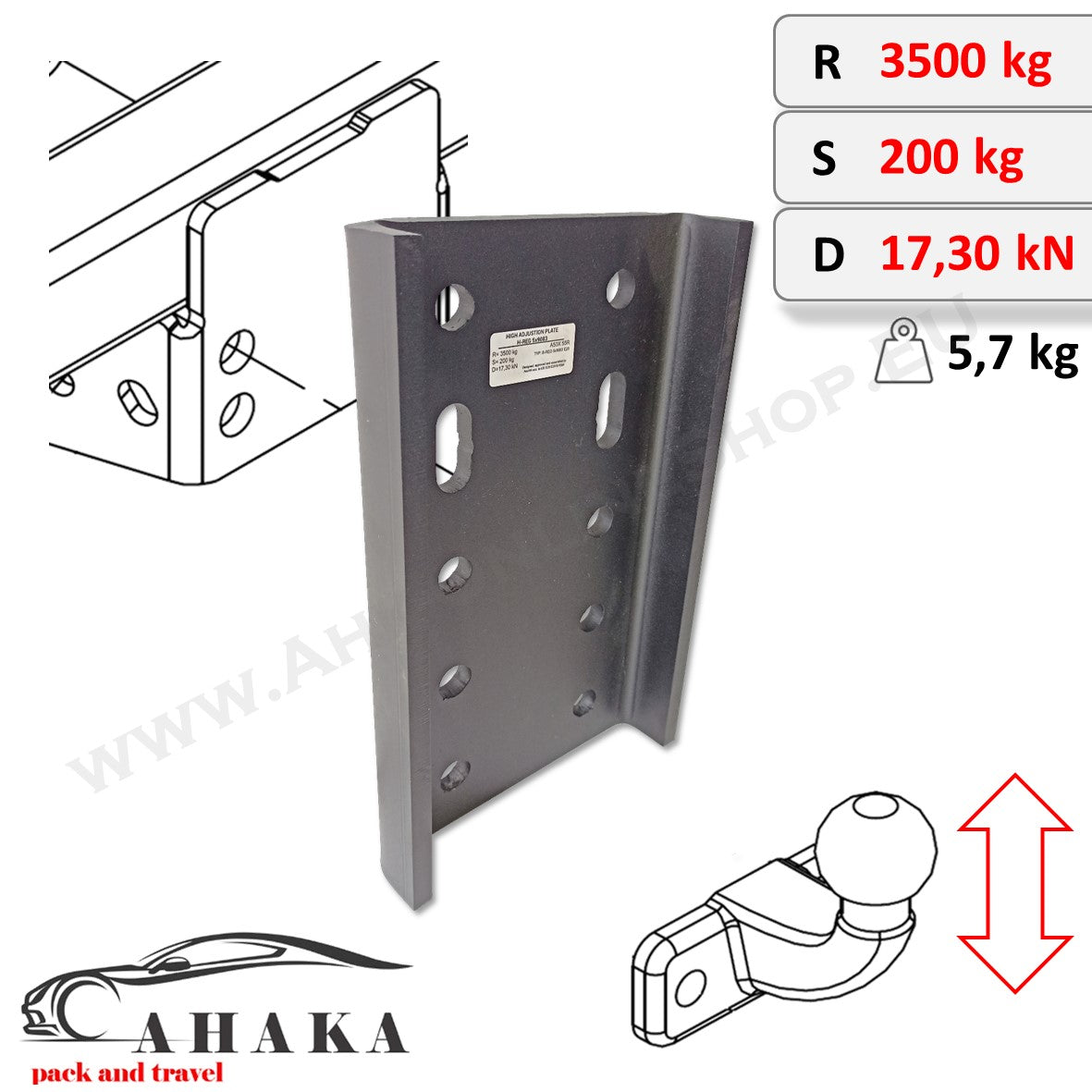 AHK Adapterplatte - Höhenverst. für AHK-Bock (2 & 4 Schrauben - für 2 Loch 90 mm & 4 Loch 83x56mm Kugel)