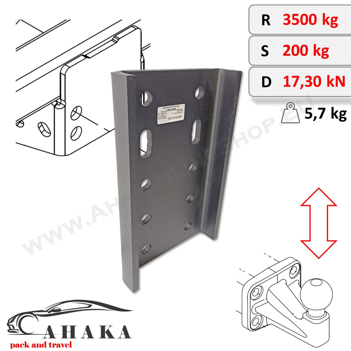 AHK Adapterplatte - Höhenverst. für AHK-Bock (2 & 4 Schrauben - für 2 Loch 90 mm & 4 Loch 83x56mm Kugel)