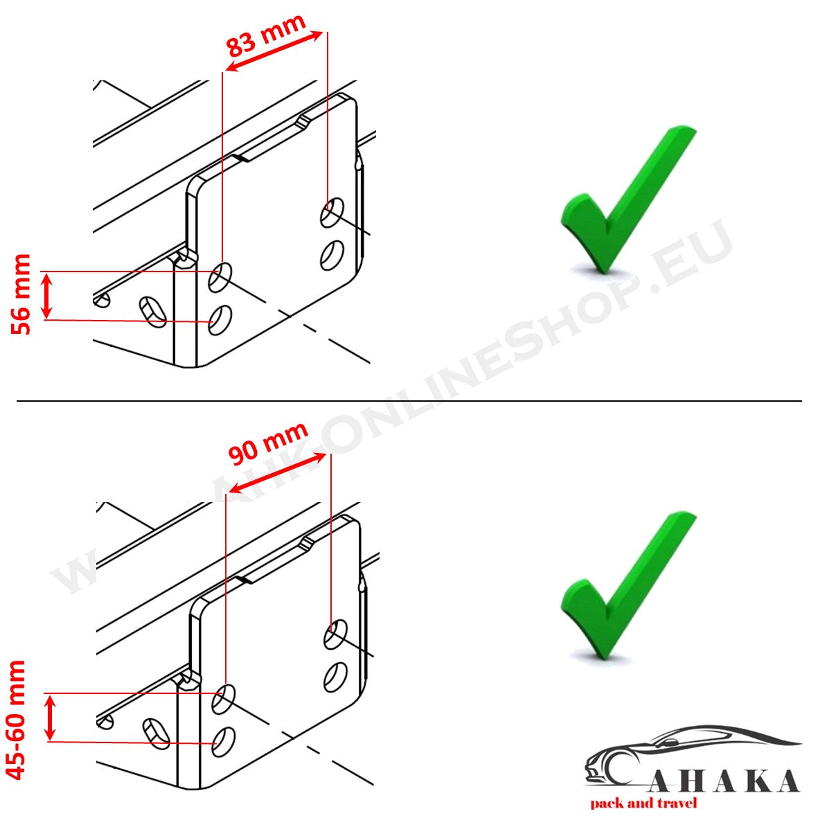 AHK Adapterplatte - Höhenverst. für AHK-Bock (2 & 4 Schrauben - für 2 Loch 90 mm & 4 Loch 83x56mm Kugel)