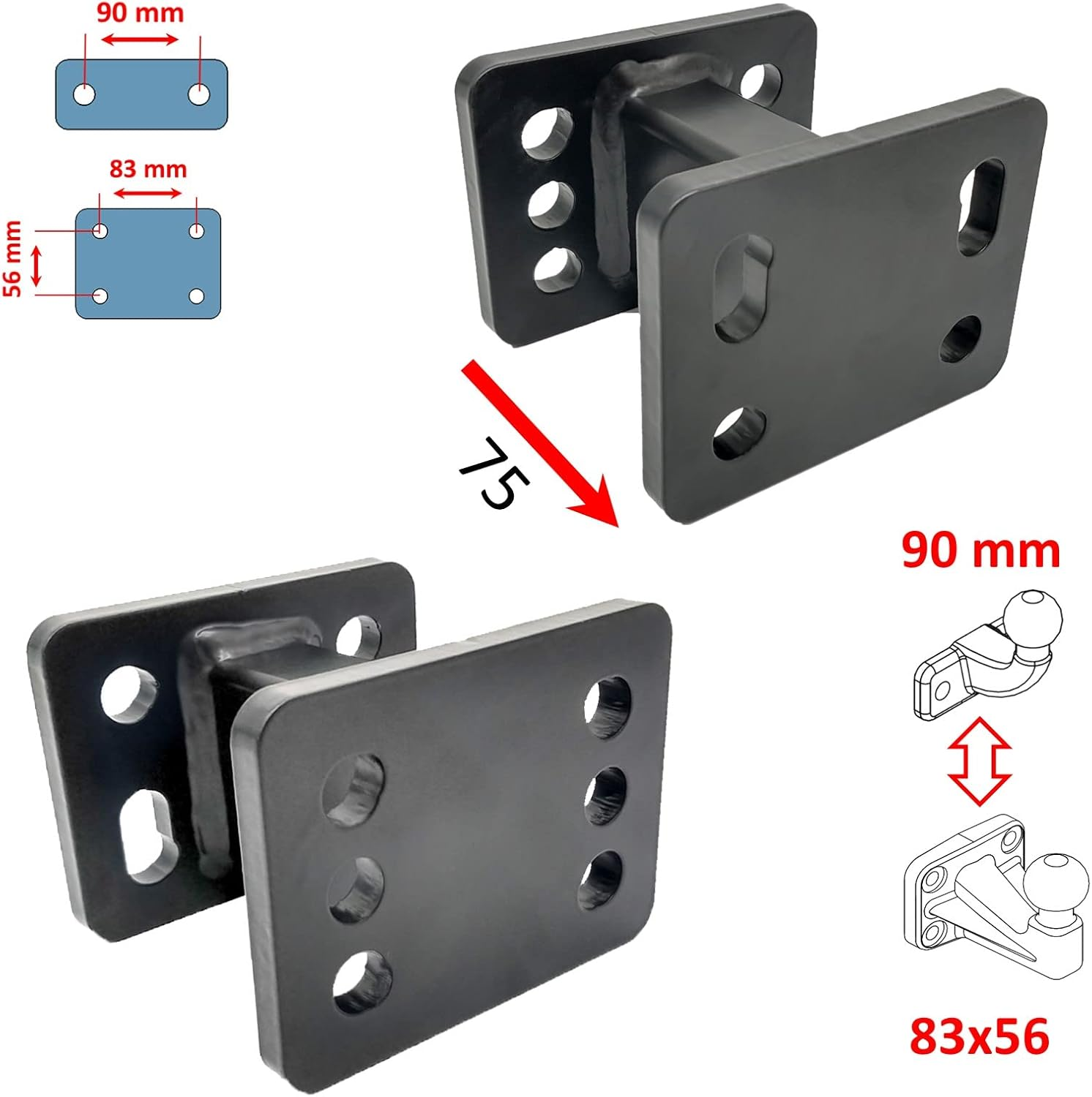 XIMPLIO Adapter Verlängerung Hakenverlängerung für Flanschkugel Anhängerkupplung AHK mit ABE (75, 100, 125mm)