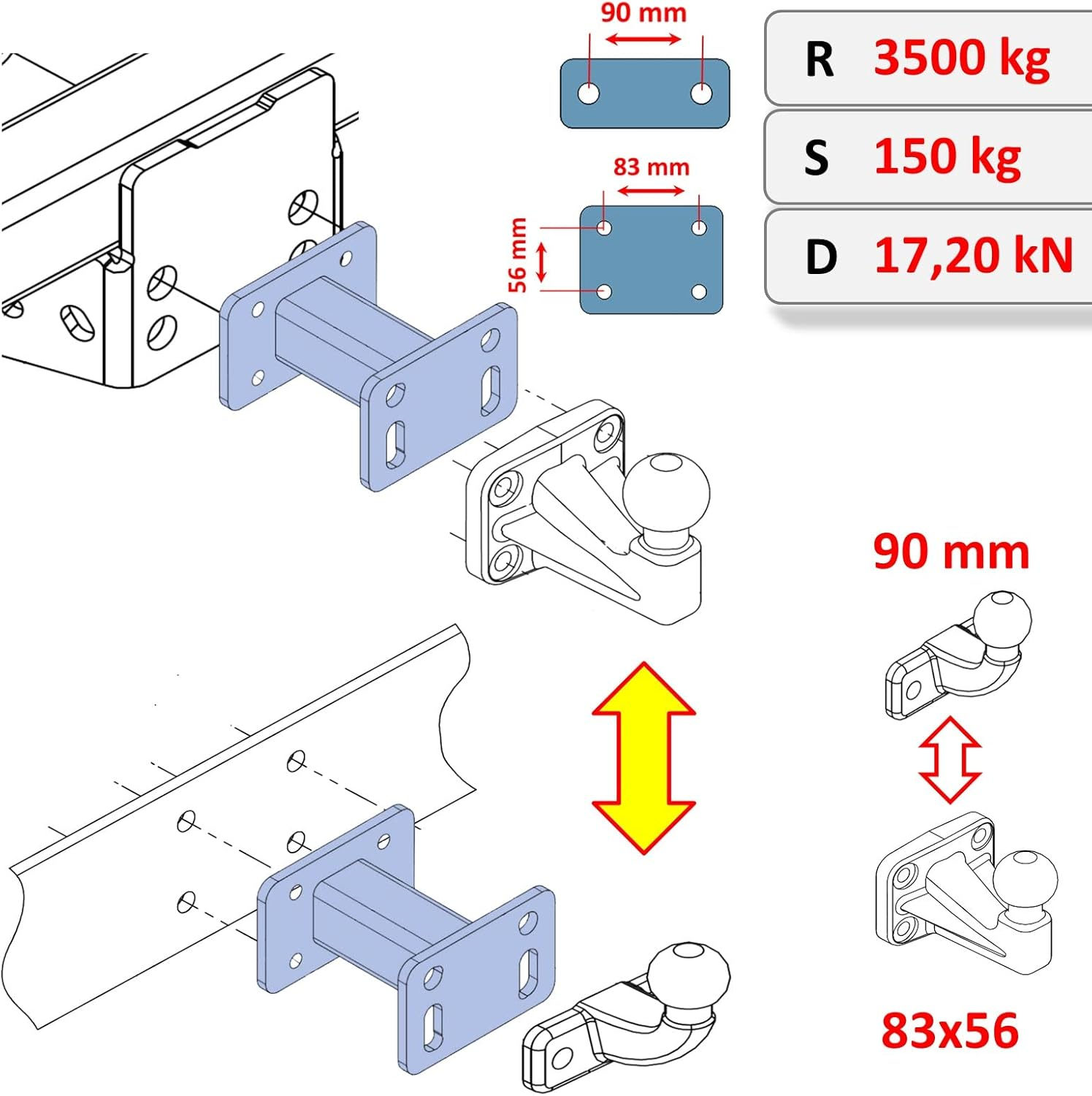 XIMPLIO Adapter Verlängerung Hakenverlängerung für Flanschkugel Anhängerkupplung AHK mit ABE (75, 100, 125mm) - GPC-Offroad