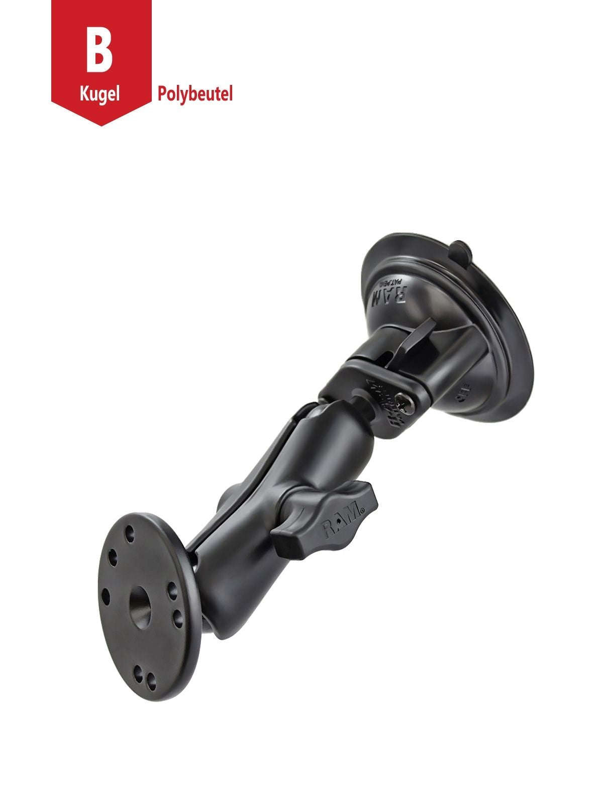 RAM Mounts - Saugfuss-Set mit AMPS-Anbindung - B-Kugel (1 Zoll), Diamond-Basisplatte (Trapez), mittlerer Verbindungsarm, runde Basisplatte - GPC-Offroad