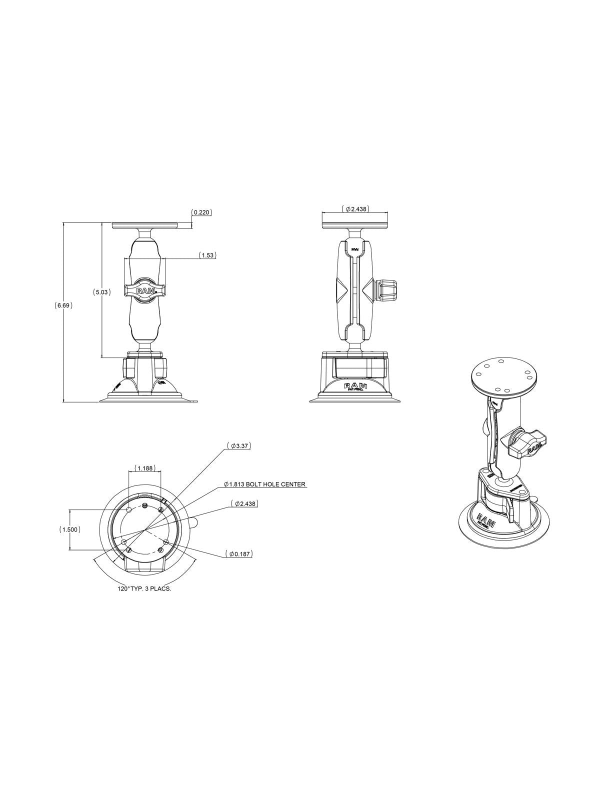 RAM Mounts - Saugfuss-Set mit AMPS-Anbindung - B-Kugel (1 Zoll), Diamond-Basisplatte (Trapez), mittlerer Verbindungsarm, runde Basisplatte - GPC-Offroad