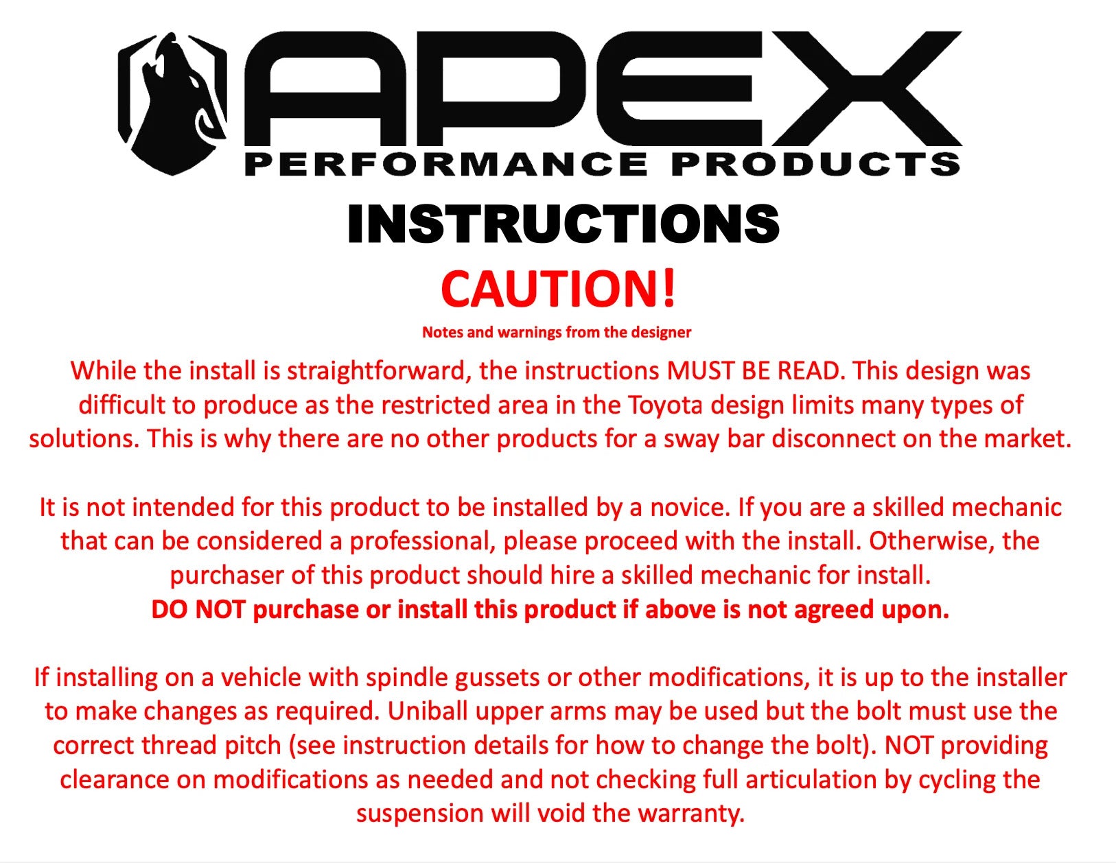 APEX - kwikLYNX - TOYOTA Sway Bar Disconnect