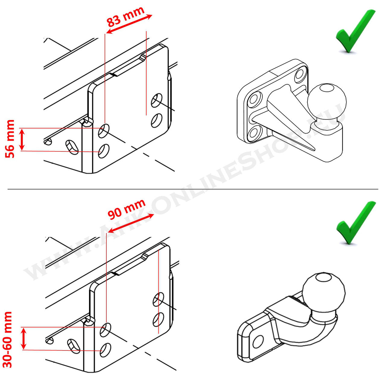 AHK Adapterplatte - Höhenverst. für AHK-Bock (2 Schrauben - für 2 Loch 90mm Kugel)