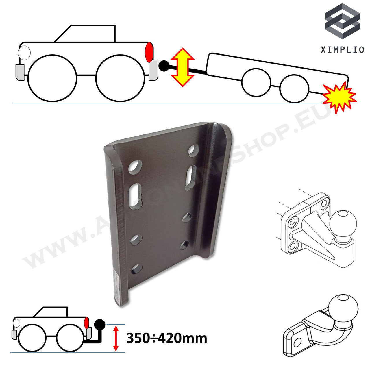 AHK Adapterplatte - Höhenverst. für AHK-Bock (2 Schrauben - für 2 Loch 90mm Kugel)