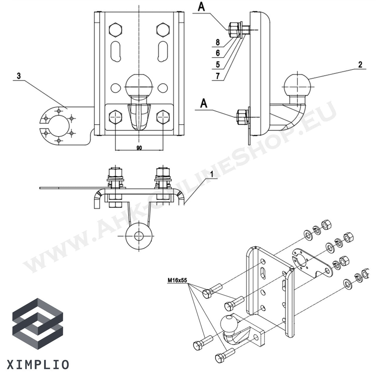 AHK Adapterplatte - Höhenverst. für AHK-Bock (2 Schrauben - für 2 Loch 90mm Kugel)